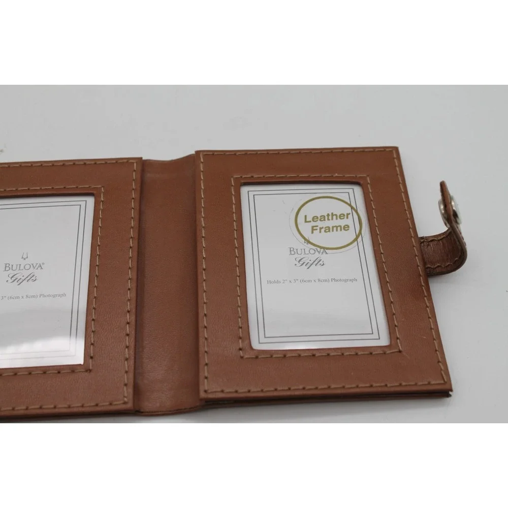 Bulova Triple Folding Photo Album Travel Picture Frame Leather Brown Snap Close